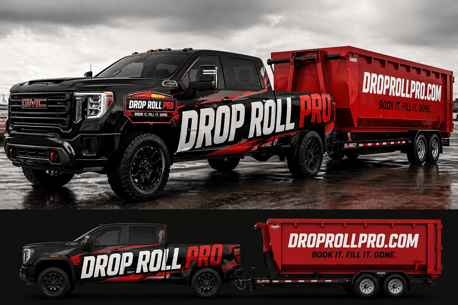 Drop Roll GMC truck and Guards Red dumpster